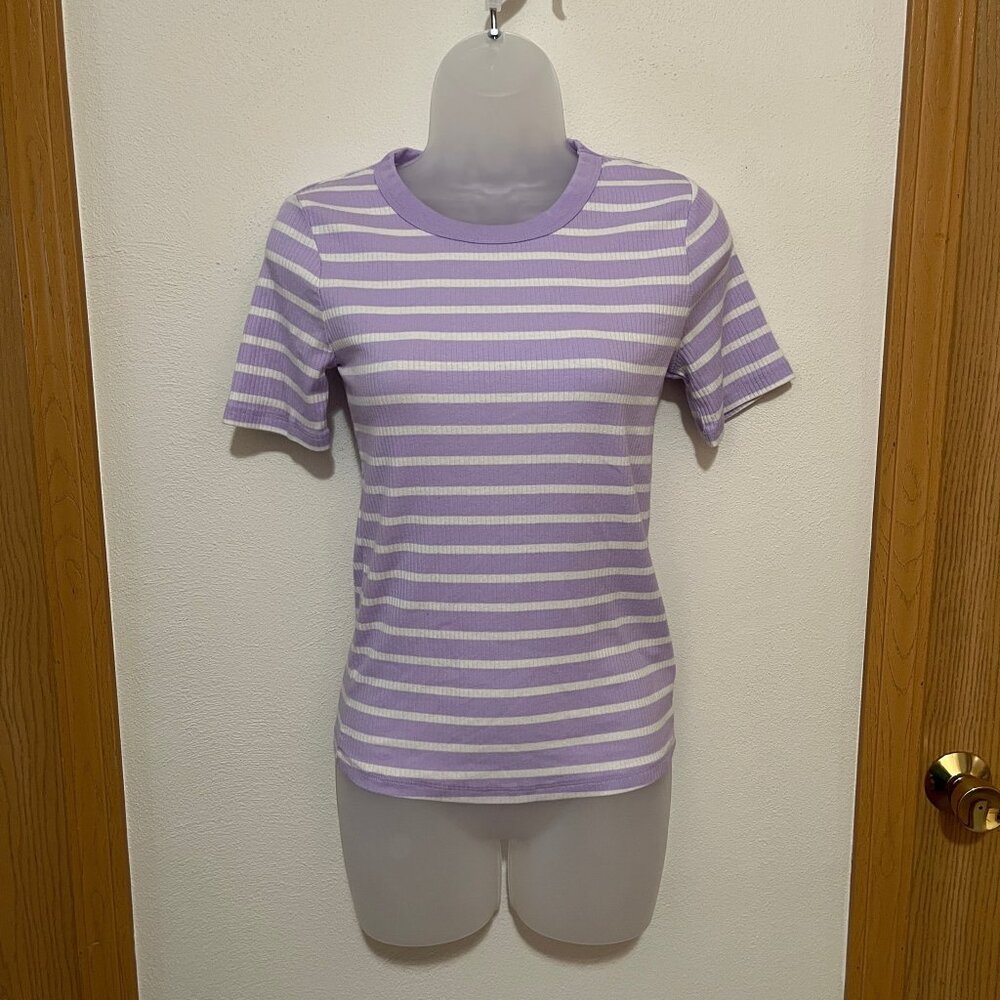 Light Purple / Lavender / Lilac Pastel and White Ribbed Stripped T-Shirt (Small)